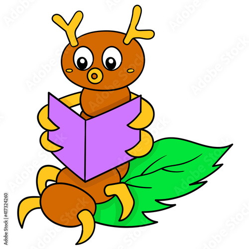 a caterpillar insect is sitting on a leaf reading a book, doodle icon image kawaii