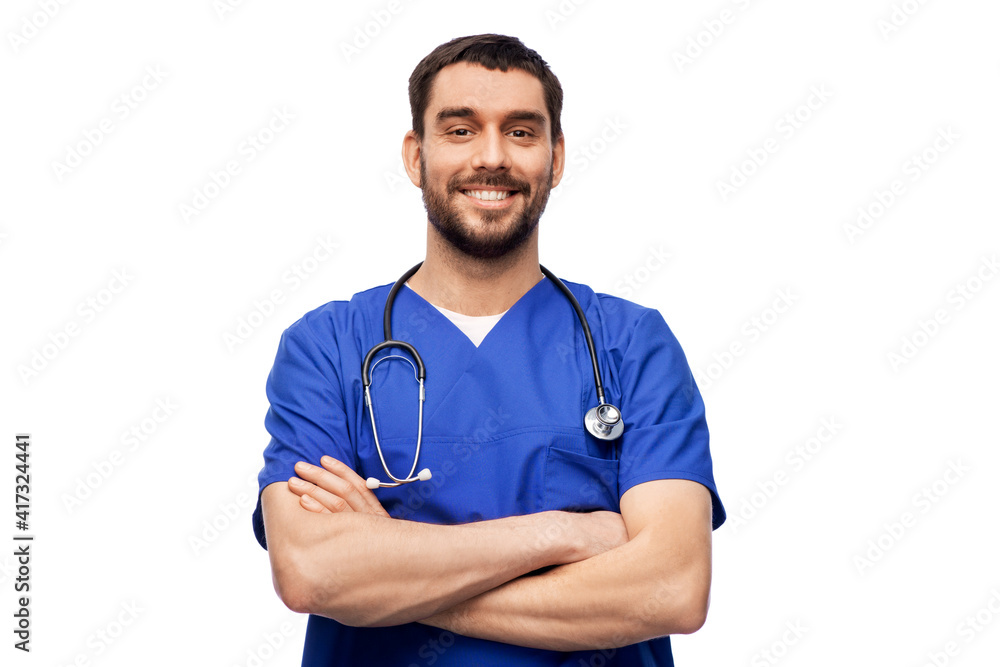 healthcare, profession and medicine concept - happy smiling doctor or male nurse in blue uniform with stethoscope over white background healthcare, profession and medicine concept - happy smiling doctor or male nurse in blue uniform with stethoscope over white background