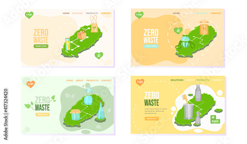 Zero Waste concept for landing page, template, web. Eco friendly reusable shopping bag and packaging, glass pasta container and wooden box on island with green grass. No to plastic, save environment