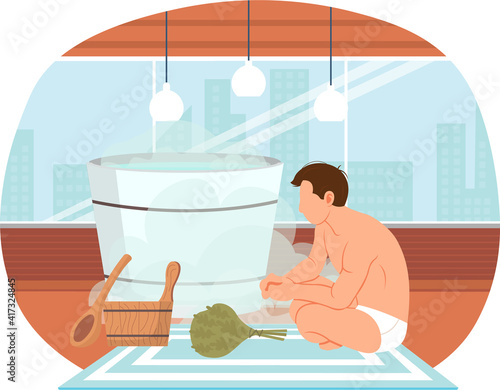 Man sitting near tub vector illustration. Bathhouse or banya at home interior design. Guy next to barrel is resting in sauna. Male character in hot steam. Person looks at bath accessories and broom
