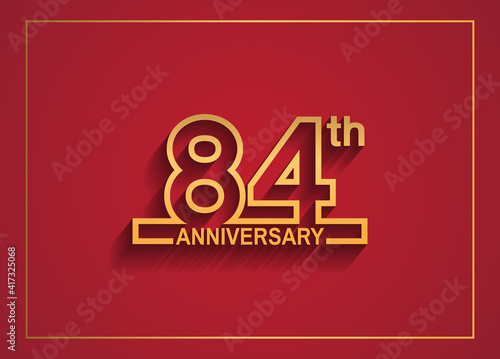 84 anniversary design with simple line style golden color isolated on red background