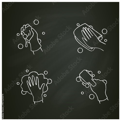 Surface wiping chalk icons set.Housekeeper hand pictogram collection. Wet cleaning with sponge, brush, napkin.Housekeeping and surface disinfection concept. Isolated vector illustrations on chalkboard