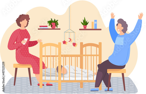 Husband and wife put to bed child in cradle. People communicate and spend time together at home. Mother and father with their baby. Parents help child to fall asleep. Family is resting and having fun