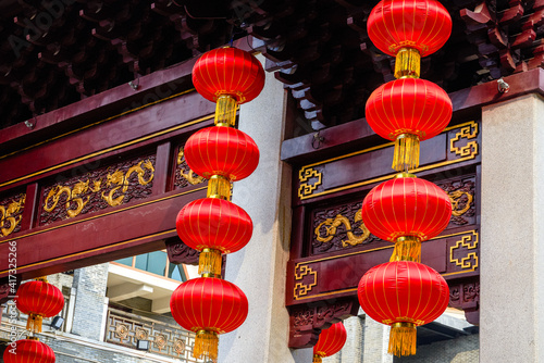 Photography Red lanterns hung upstairs in the Chinese-style archway