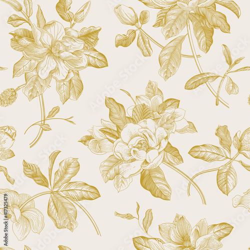 Magnolia grandiflora. Floral seamless pattern. Vector vintage botanical illustration. Gold