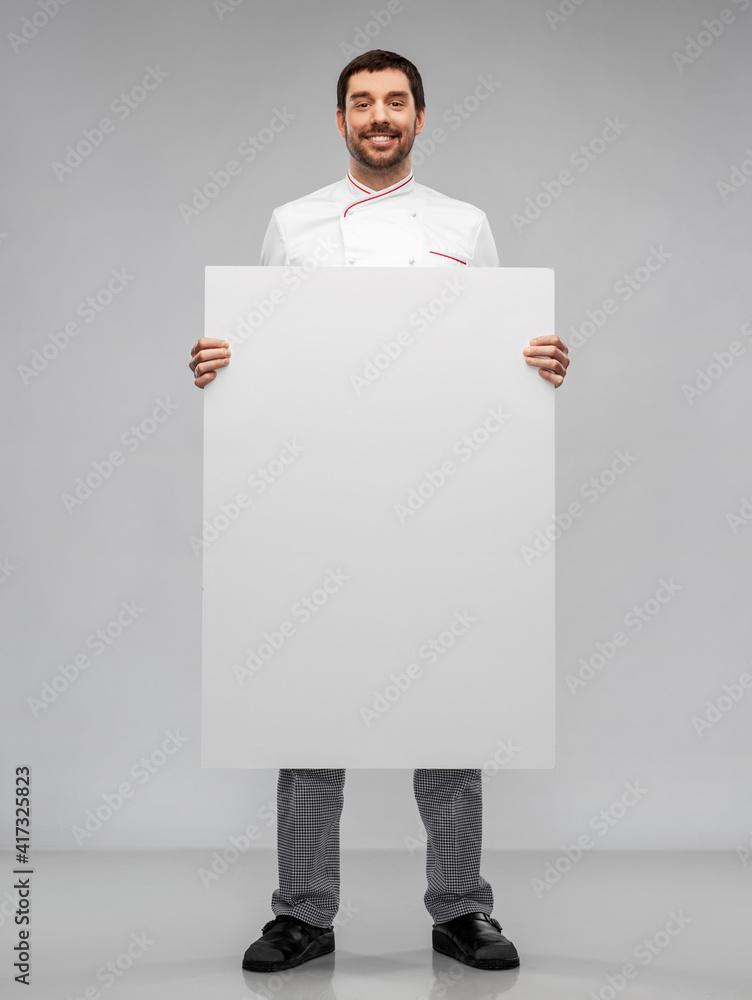 cooking, culinary and people concept - happy smiling male chef in jacket with big white board over grey background cooking, culinary and people concept - happy smiling male chef in jacket with big white board over grey background