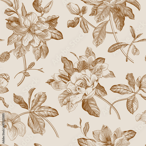 Magnolia grandiflora. Floral seamless pattern. Vector vintage botanical illustration