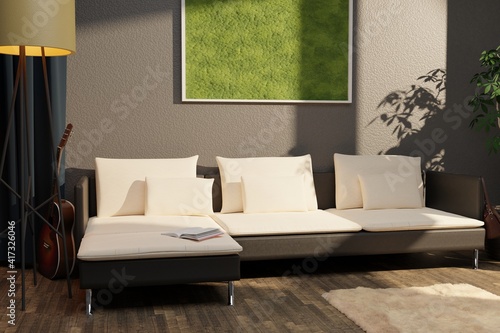 Modern eco-style interior with a vertical poster  backlit moss and wooden floor. Front view. 3d rendering