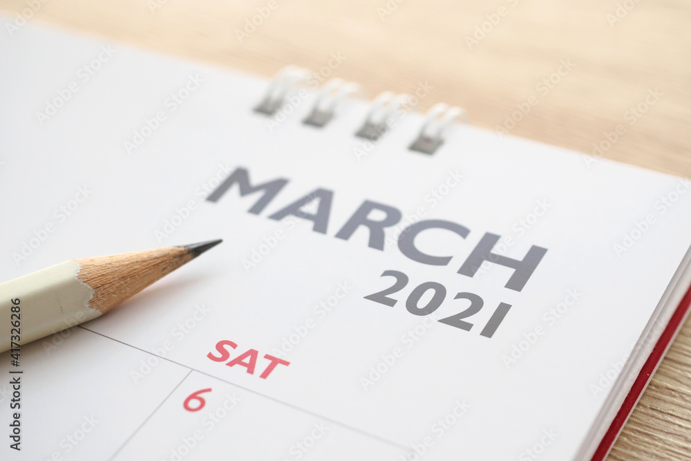 March month on 2021 calendar page with pencil business planning appointment meeting concept March month on 2021 calendar page with pencil business planning appointment meeting concept