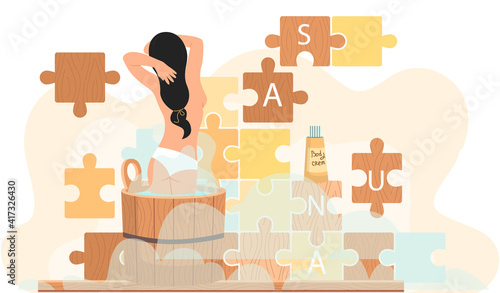 Naked girl stands in barrel and bathes. Woman in tub against background of puzzle with inscription sauna. Female character in hot steam. Person cleaning skin in bathhouse and using body cream