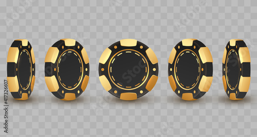 Set of 3d gold and black poker chips, token with shadow on transparent background. Vector illustration for card, casino, game design, flyer, poster, decor, banner, web, advertising.