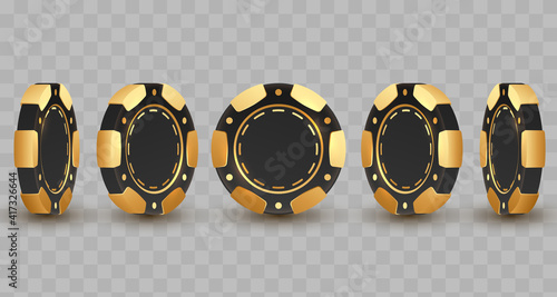 Set of 3d gold and black poker chips, token with shadow on transparent background. Vector illustration for card, casino, game design, flyer, poster, decor, banner, web, advertising.