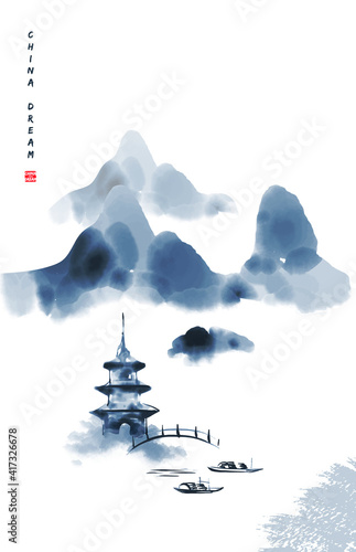 Chinese ink painted background with misty mountains, pagoda and bridge. China dream