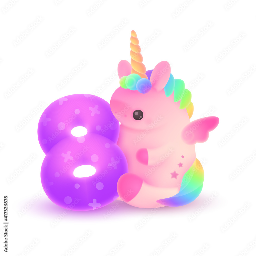 Cute plump pink unicorn with horn, rainbow hair and purple number 8. Holiday, birthday illustration for postcard greeting card, banner, decor, design, arts, party on white background. Cute plump pink unicorn with horn, rainbow hair and purple number 8. Holiday, birthday illustration for postcard greeting card, banner, decor, design, arts, party on white background.