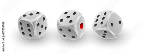 Set of 3d silver, white dice from three different sides on white background. Concept for casino, gamble design. Vector illustration for card, party, flyer, poster, decor, banner, web, advertising.