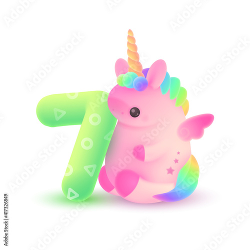 Cute plump pink unicorn with horn, rainbow hair and green number 7. Holiday, birthday illustration for postcard greeting card, banner, decor, design, arts, party on white background. © vector zėfirkã