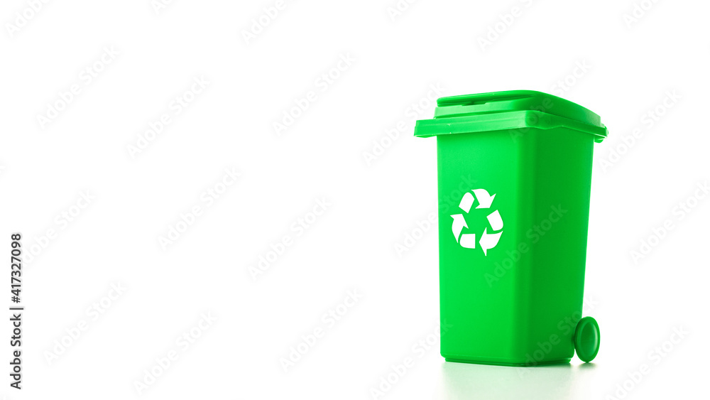 Trash recycle. Bin container for disposal garbage waste and save environment. Green dustbin for recycle glass can trash isolated on white background. Trash recycle. Bin container for disposal garbage waste and save environment. Green dustbin for recycle glass can trash isolated on white background.