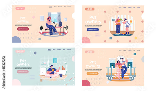 Pet owners landing page template. Happy people playing with their domestic animals scenes set, training kitty, walking with little friend. Person is having leisure spend time with cat and dog