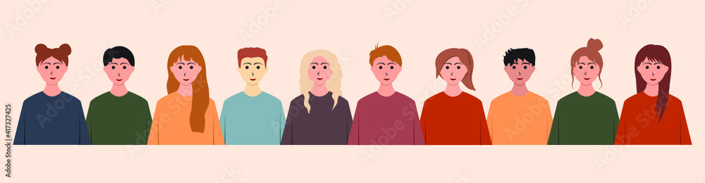 Group of people, young men and women with different skin color. Group of people, young men and women with different skin color.