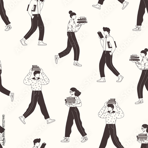 Seamless pattern with young people reading books. Book lovers, fans of literature. Concept of Book Week or World Book Day. Flat vector illustration isolated on white background.