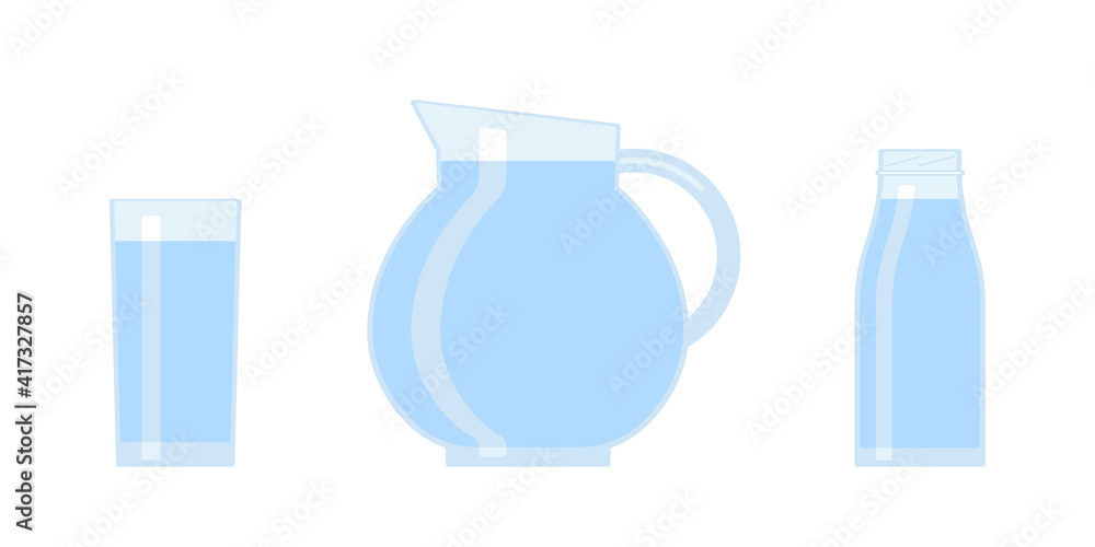 Set of clean water in glass, jug and bottle. Natural drink. Refreshing mineral carbonated drink. Vector flat design illustration Set of clean water in glass, jug and bottle. Natural drink. Refreshing mineral carbonated drink. Vector flat design illustration