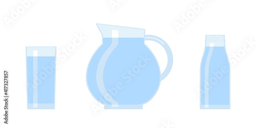 Set of clean water in glass, jug and bottle. Natural drink. Refreshing mineral carbonated drink. Vector flat design illustration