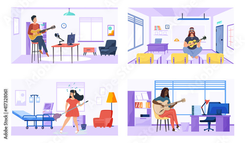 Set of illustrations with performers practice chords. Guitarists compose songs and play music. Musicians performing in statements. People with guitar create songs. Characters use stringed instrument