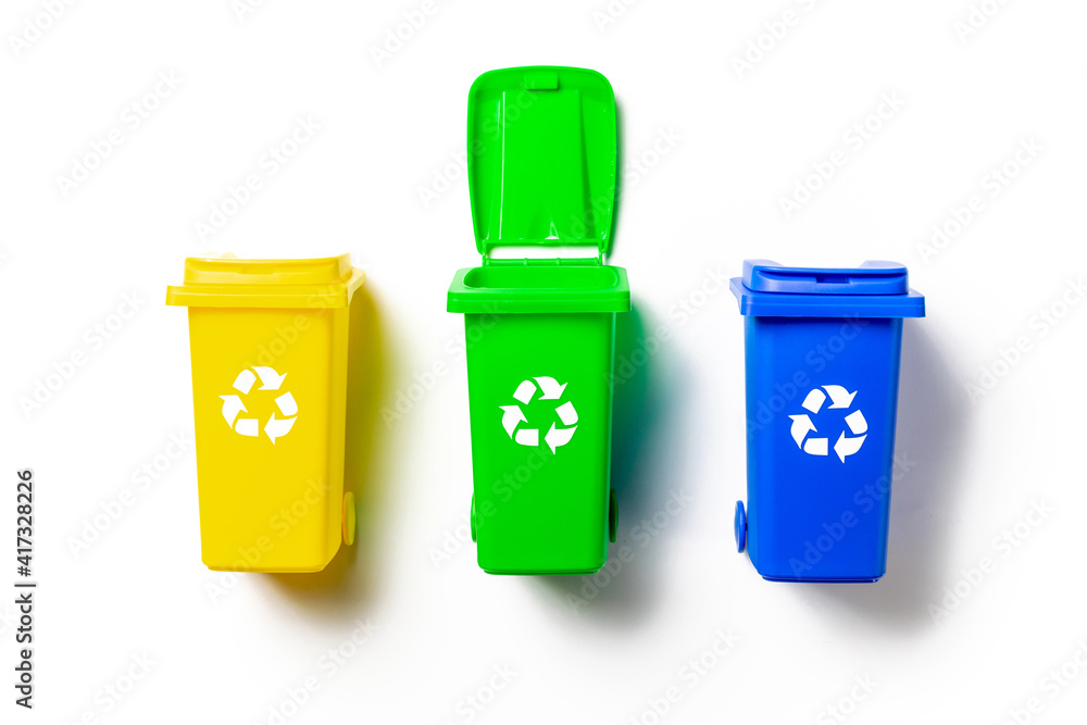 Precycling. Bin container for disposal garbage waste and save environment. Yellow, green, blue dustbin for recycle plastic, paper and glass can trash isolated on white background. Precycling. Bin container for disposal garbage waste and save environment. Yellow, green, blue dustbin for recycle plastic, paper and glass can trash isolated on white background.