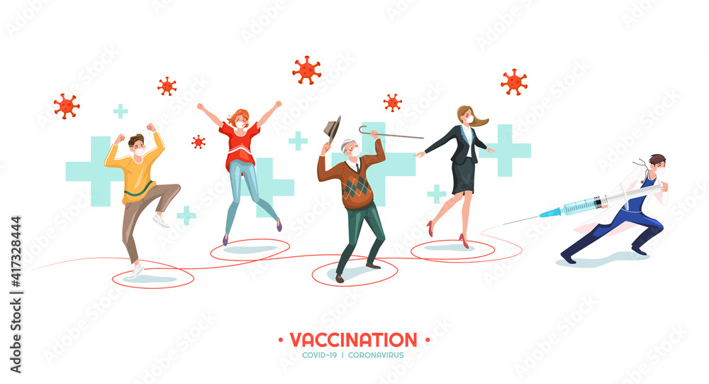 Vaccine for Coronavirus disease COVID-19 immunity health concept, Medical vaccination with cartoon character all aged, Cartoon style vector illustration Vaccine for Coronavirus disease COVID-19 immunity health concept, Medical vaccination with cartoon character all aged, Cartoon style vector illustration