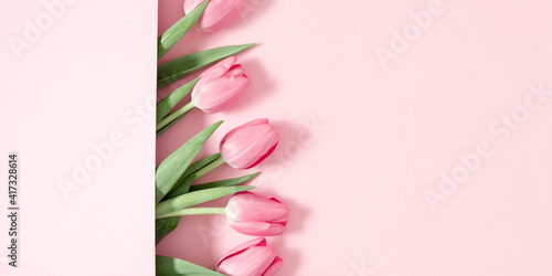 Beautiful pink tulips on pastel pink background. Concept Women's Day, March 8. 8th march. Flat lay, top view, copy space #417328614