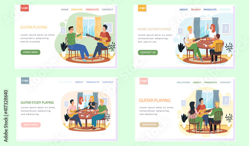 Set of illustrations about website with people performing with guitar for audience in apartment and singing. Musicians practice guitar skills and spend time at home. Landing page design layout