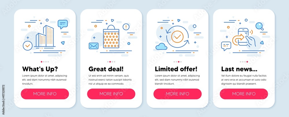 Set of Business icons, such as Security confirmed, Shopping bag, Skyscraper buildings symbols. Mobile screen app banners. Share call line icons. Vector
