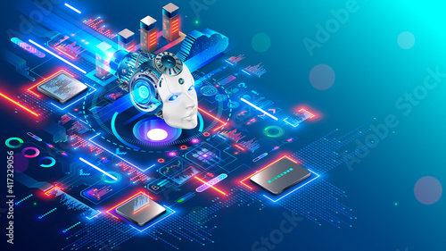 AI. Artificial intelligence technology isometric concept. Cybernetic brain communication with network and analyze data. Machine learning of AI. Robot or cyborg head images mind artificial intelligence