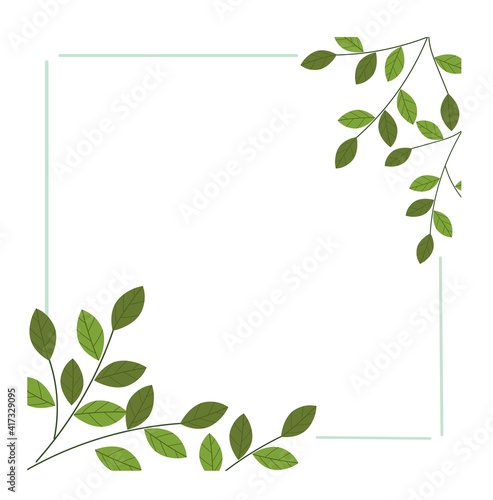 Minimalistic decorative background with willow branches.Vector frame. Green leaves on a white background. Illustration for congratulations, invitations, cards with place for text.