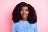 Photo of crazy excited lady open mouth look camera wear blue dotted blouse isolated pink color background