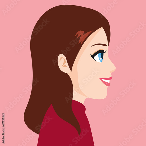 Illustration of a young white woman profile side view