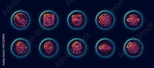 10 in 1 vector icons set related to car insurance theme. Lineart vector icons in geometric neon glow style with particles isolated on background.