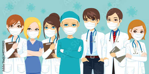 Hospital medical team wearing masks with airborne virus on background