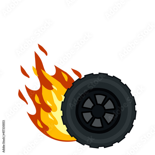 Burning wheel of car. Flames on tire. Technical problems and accident. Symbol of speed and racing. Fire on road