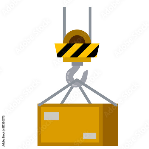 Hook. Industrial crane. Item of plant and factory. Transportation and tool isolated on white background. Flat cartoon. Lifting wooden box. Cargo and goods