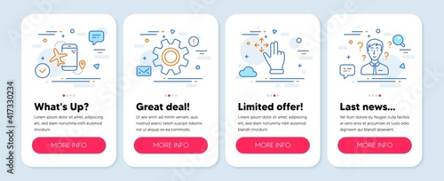 Set of Technology icons, such as Flights application, Service, Move gesture symbols. Mobile screen banners. Support consultant line icons. Airport app, Cogwheel gear, Swipe. Question mark. Vector