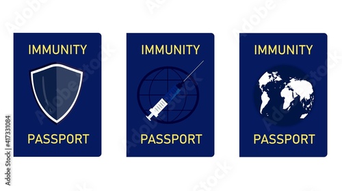 Immunity passport for travel abroad.
Collection of isolated vector illustrations. A document with a mark, stamp on vaccination and immunity from coronavirus or other diseases. Health care.