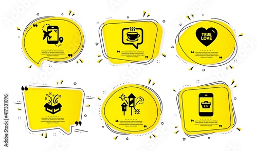 Gift, Coffee and Flight destination icons simple set. Yellow speech bubbles with dotwork effect. Fireworks rocket, True love and Smartphone buying signs. New year, Cafe, Airplane trip. Vector