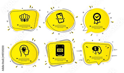 Crown, Idea head and Ssd icons simple set. Yellow speech bubbles with dotwork effect. Tested stamp, Smartphone waterproof and Pay signs. Monarchy king, Lightbulb, Solid-state drive. Vector