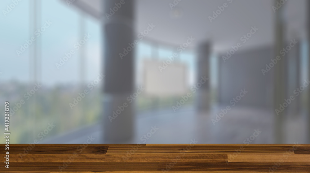 Background with empty table. Flooring. Modern office Cabinet.  3D rendering.   Meeting room. Mockup.