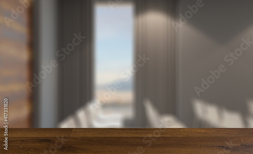 Background with empty table. Flooring. Modern office building interior. 3D rendering. © COK House