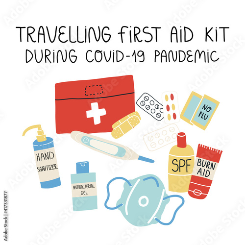 A first aid kit for travelling during Covid-19 pandemic. Pills, sanitizer, medical face mask, e thermometer, drugs etc