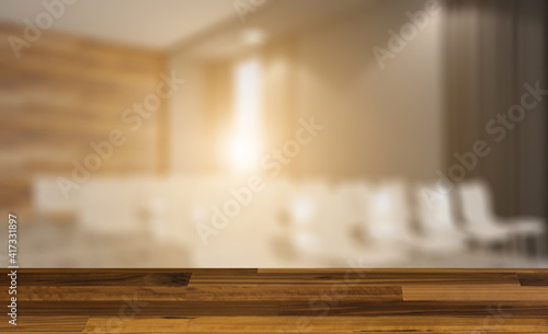 Background with empty table. Flooring. Modern meeting room. 3D rendering.