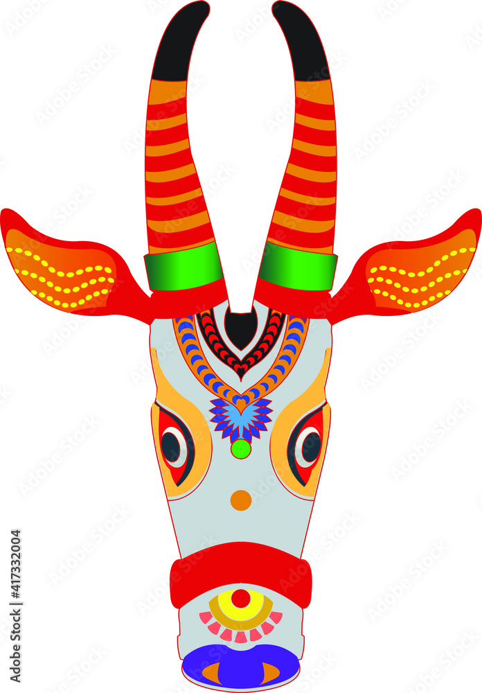 kala thala or bull (paper mache) mask. Kerala. south India It can be used for a coloring book, textile/ fabric prints, phone case, greeting card. logo, calendar. In Kalamkari /Madhubani style