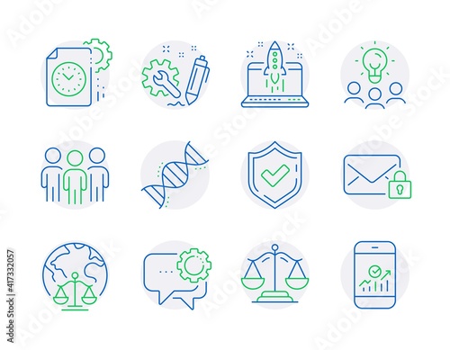 Education icons set. Included icon as Project deadline, Justice scales, Magistrates court signs. Engineering, Business idea, Chemistry dna symbols. Secure mail, Confirmed, Start business. Vector